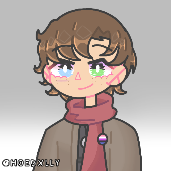 A beige skinned person, with green and blue eyes, brown short hair, wearing a brown coat and red scarf