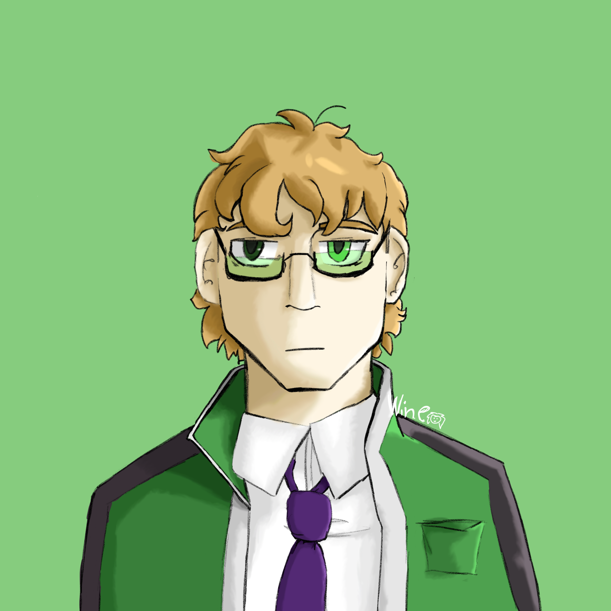 A pale man with blond hair and two different shades of green eyes behind glasses